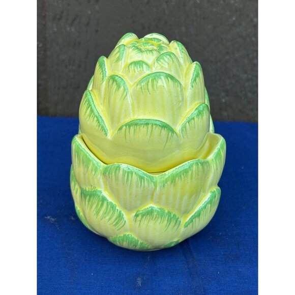 Vintage Haldon Group Artichoke Ceramic Salt Pepper Shaker Set Green Yellow Glaze - Picture 4 of 7